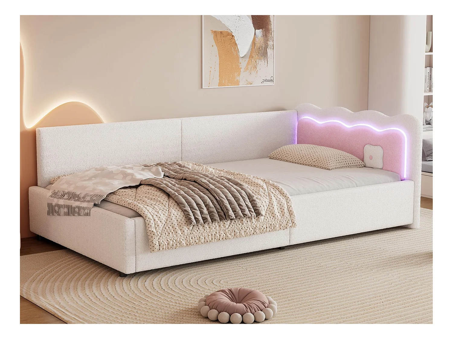 Lit banquette 90x200cm - avec éclairage LED - avec sommier à lattes - blanc