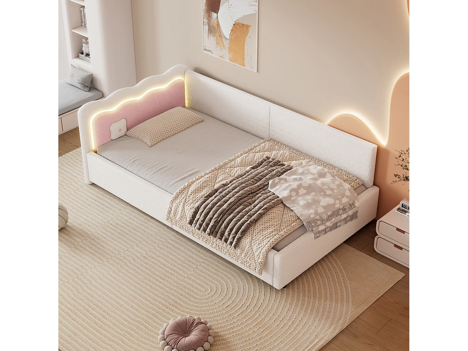 Lit banquette 90x200cm - avec éclairage LED - avec sommier à lattes - blanc