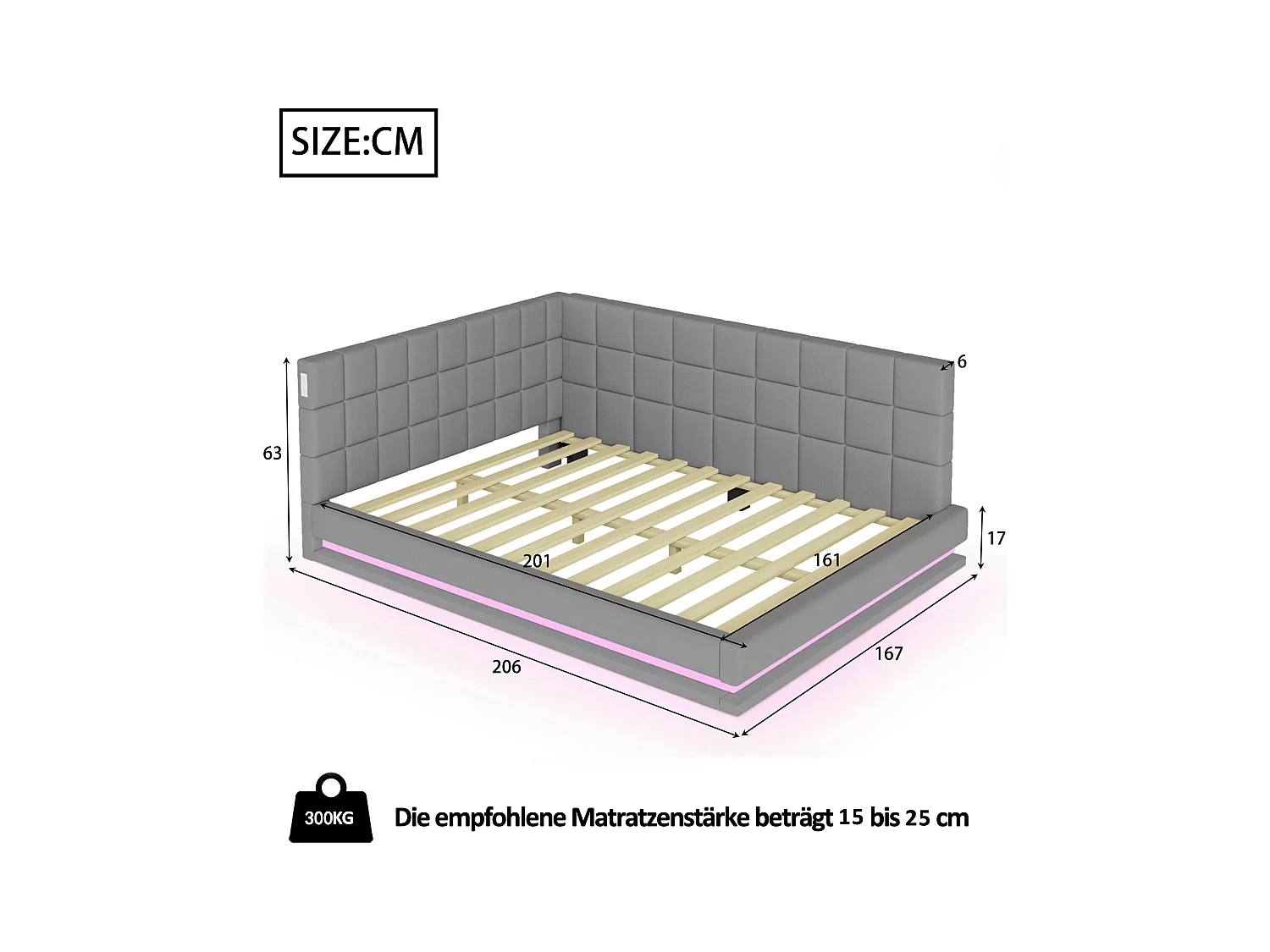 Canapé-lit rembourré 160x200cm - avec bande lumineuse LED - avec prise USB - tissu velours - gris