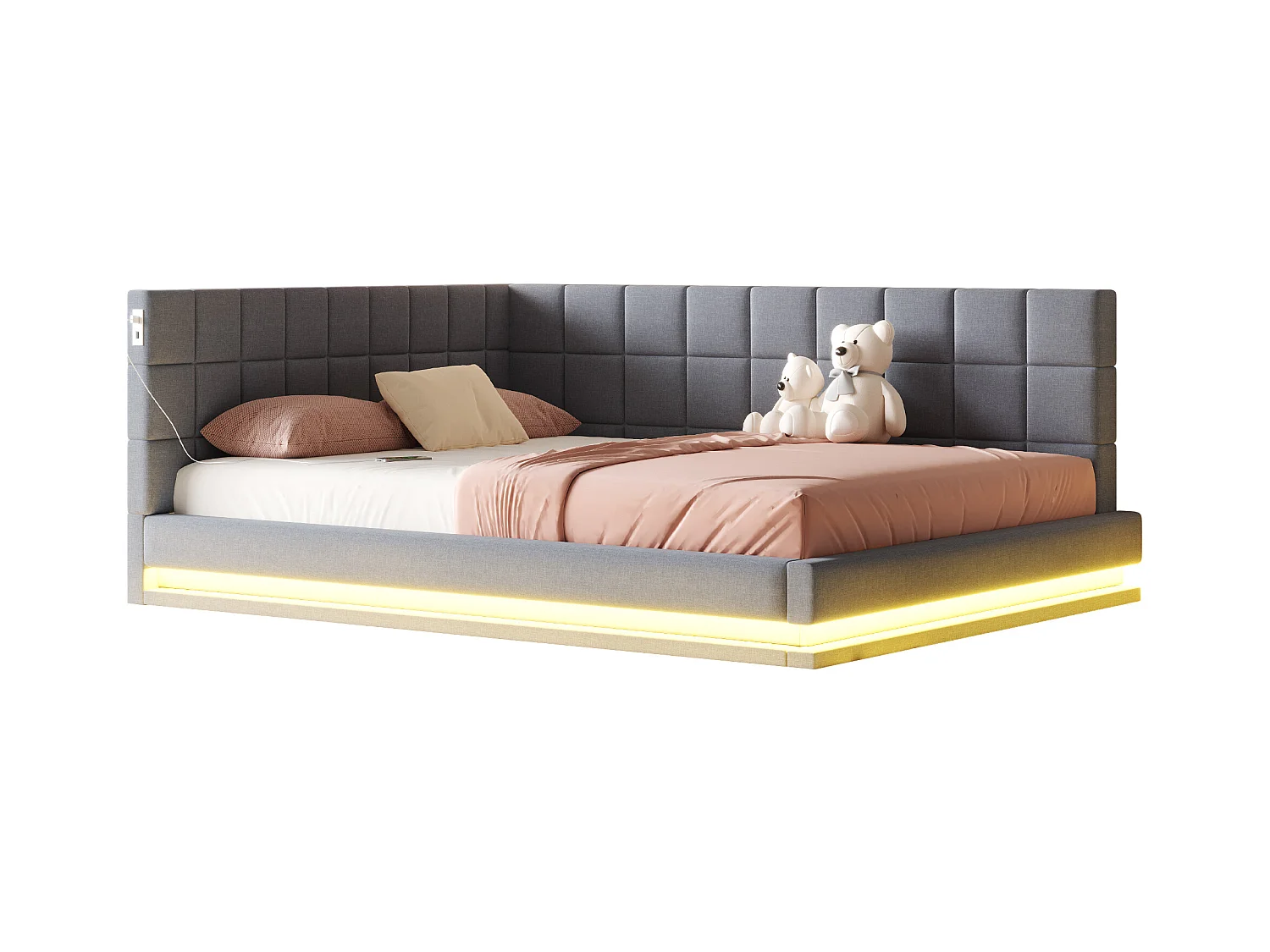Canapé-lit rembourré 160x200cm - avec bande lumineuse LED - avec prise USB - tissu velours - gris