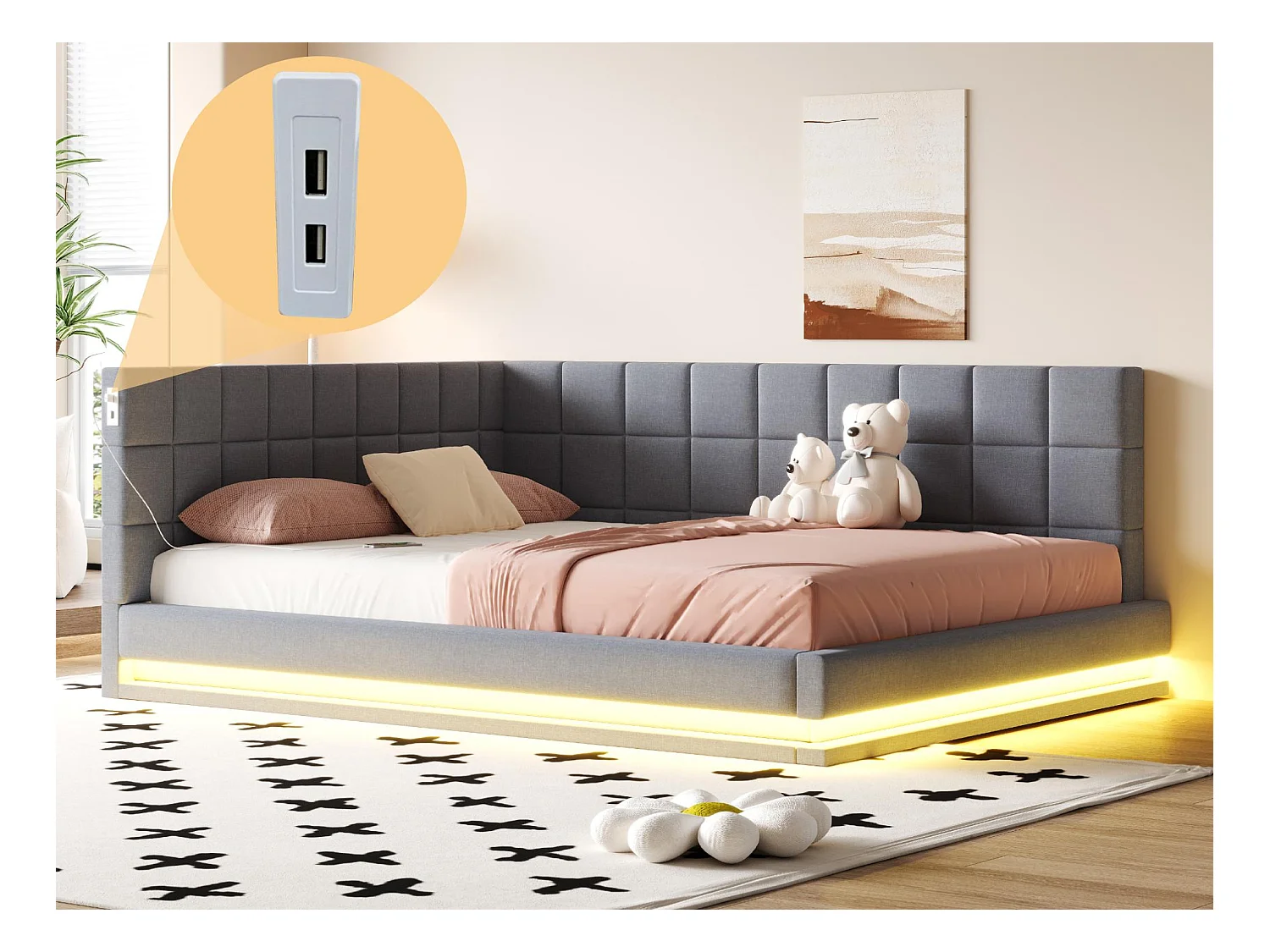 Canapé-lit rembourré 160x200cm - avec bande lumineuse LED - avec prise USB - tissu velours - gris