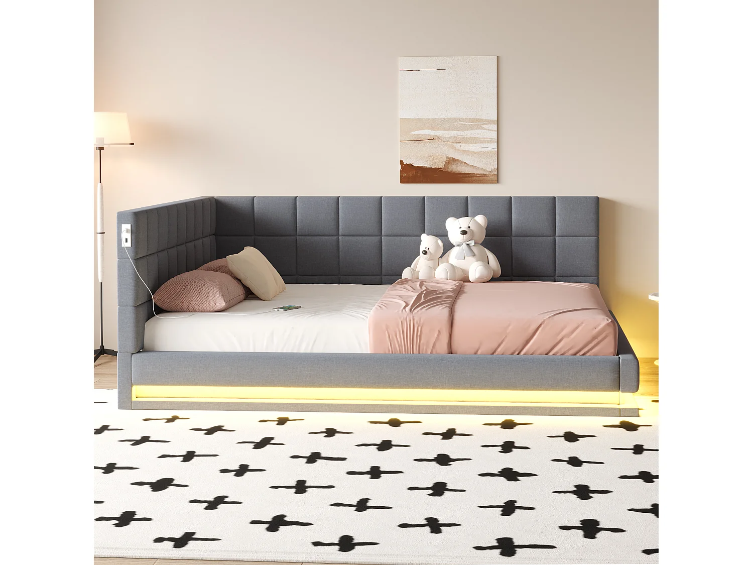 Canapé-lit rembourré 160x200cm - avec bande lumineuse LED - avec prise USB - tissu velours - gris