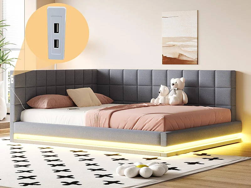 Slaapbank gestoffeerd 160x200 cm - met LED-verlichtingsstrip - met USB-aansluiting - fluweel stof - grijs