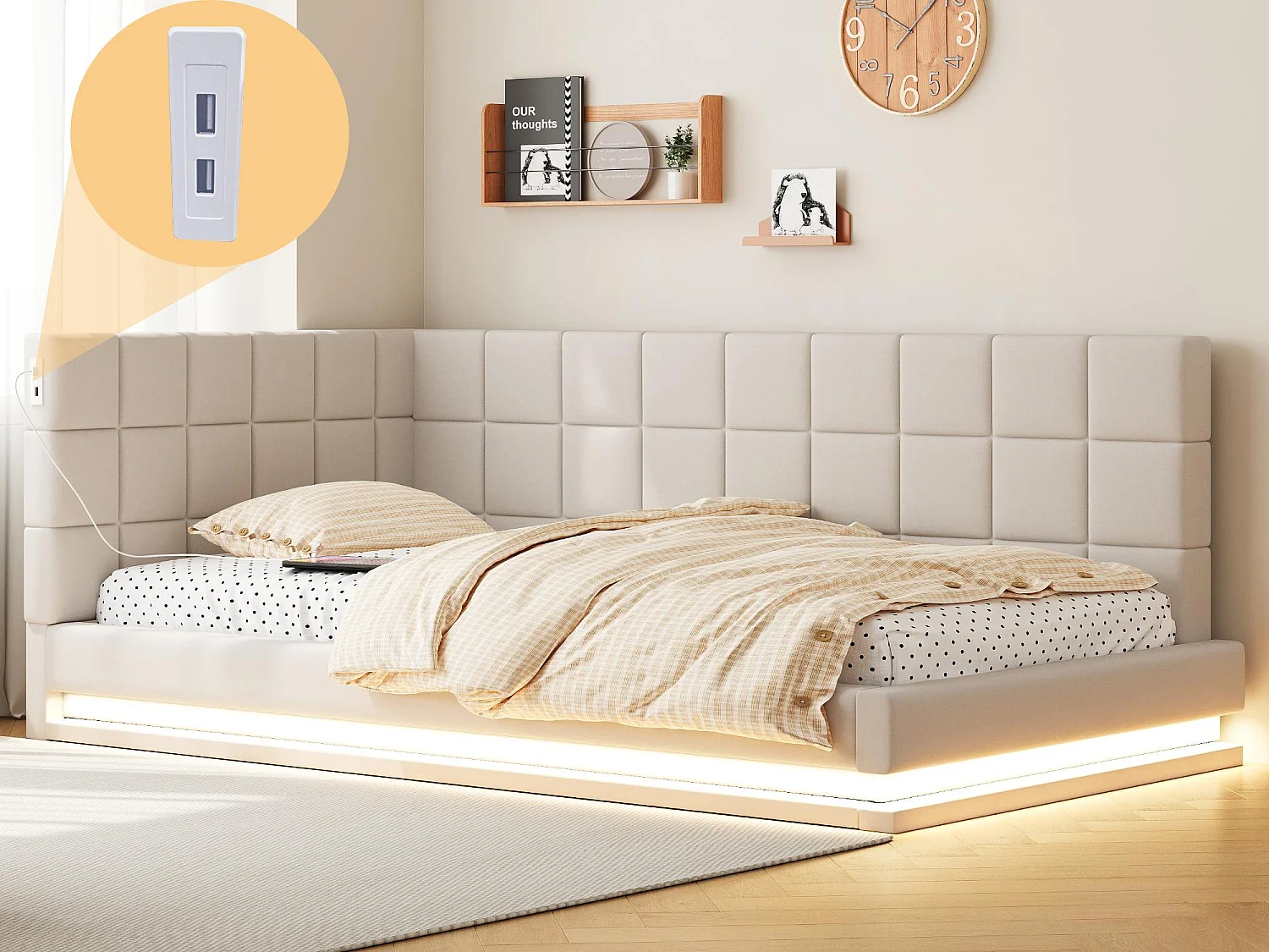 Canapé-lit rembourré 90x200cm - avec bande lumineuse LED - avec prise USB - tissu velours - beige