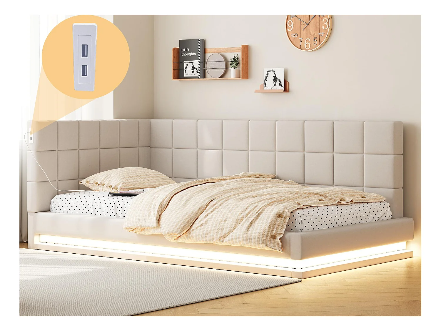 Canapé-lit rembourré 90x200cm - avec bande lumineuse LED - avec prise USB - tissu velours - beige