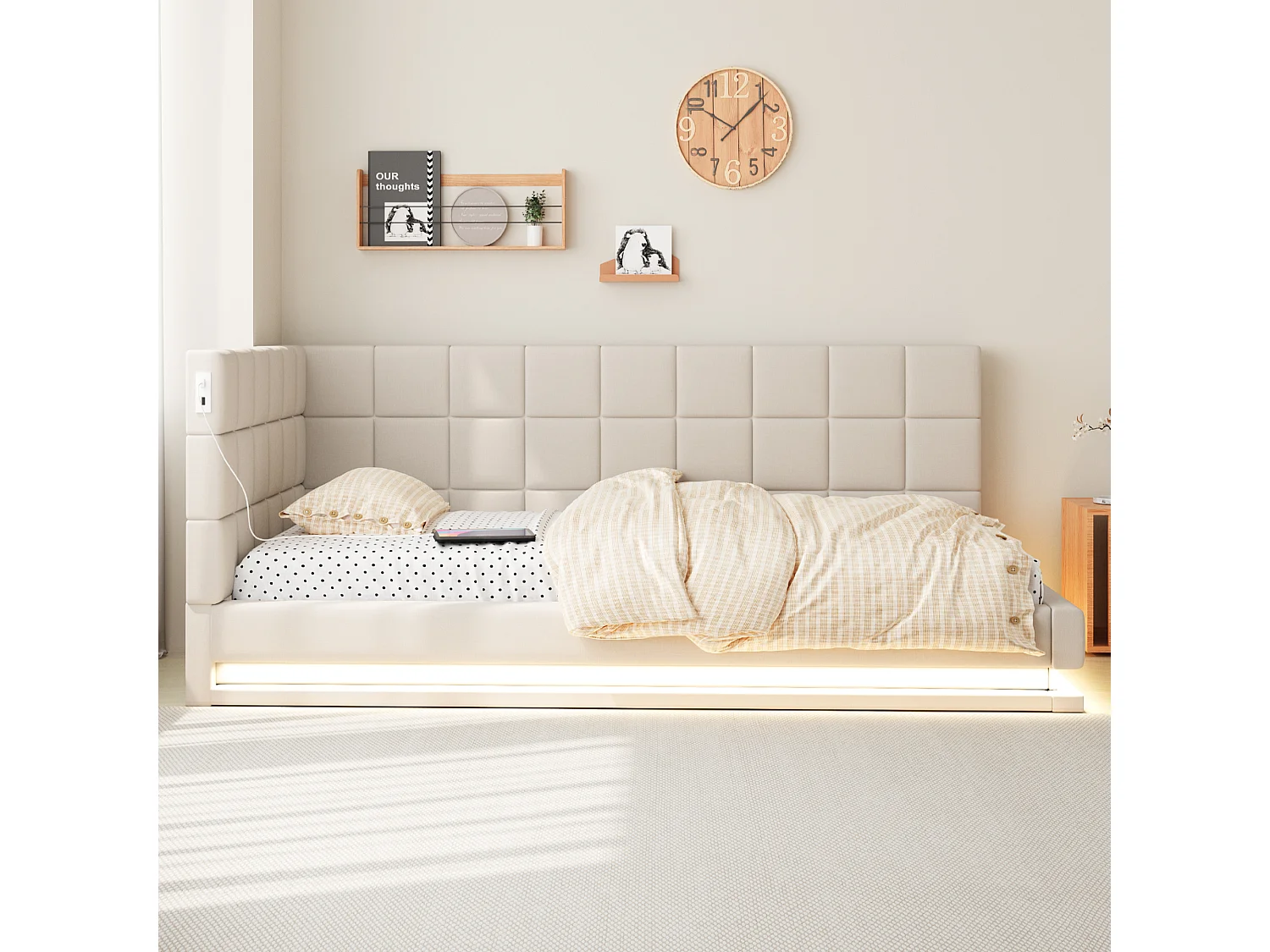 Sofá-cama estofado 90x200 cm - com faixa de LED - com entrada USB - tecido veludo - bege