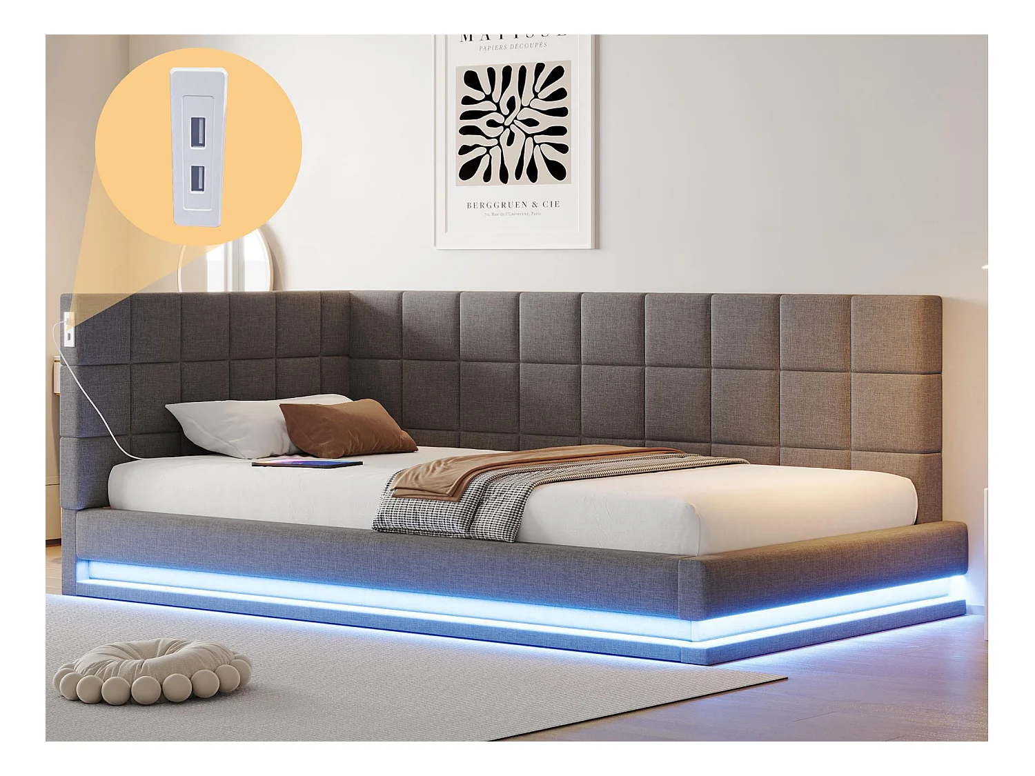 Canapé-lit rembourré 90x200cm - avec bande lumineuse LED - avec prise USB - tissu velours - gris