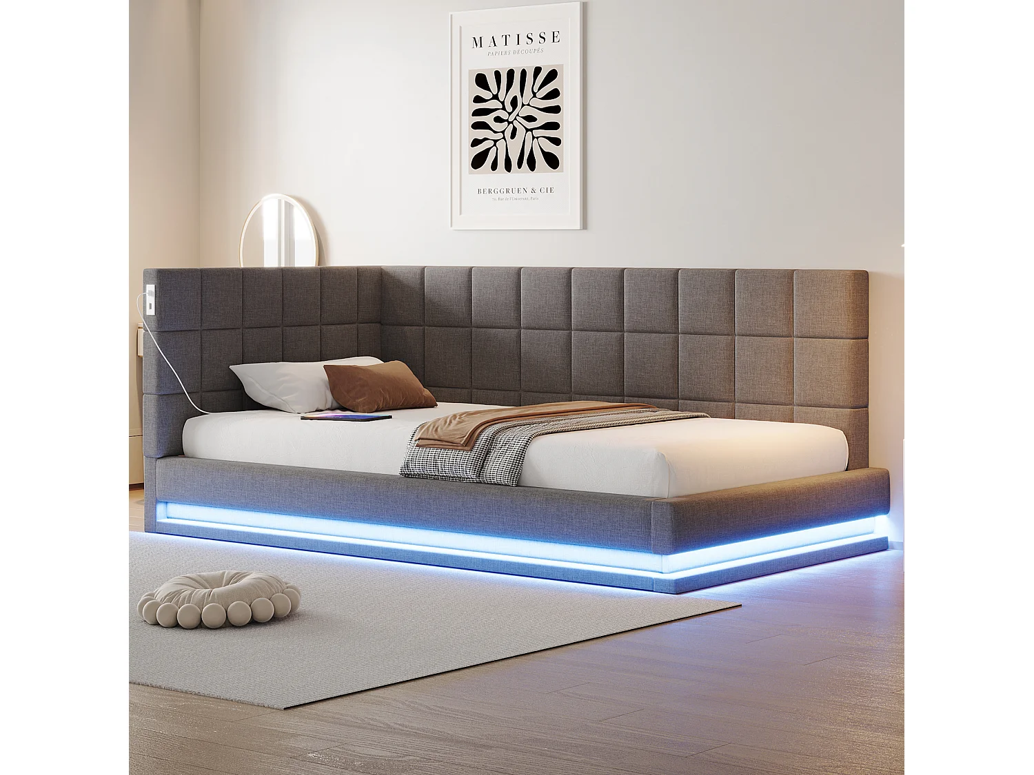 Kanapa rozkładana tapicerowana 90x200 cm - z taśmą LED - z portem USB - materiał welurowy - szara