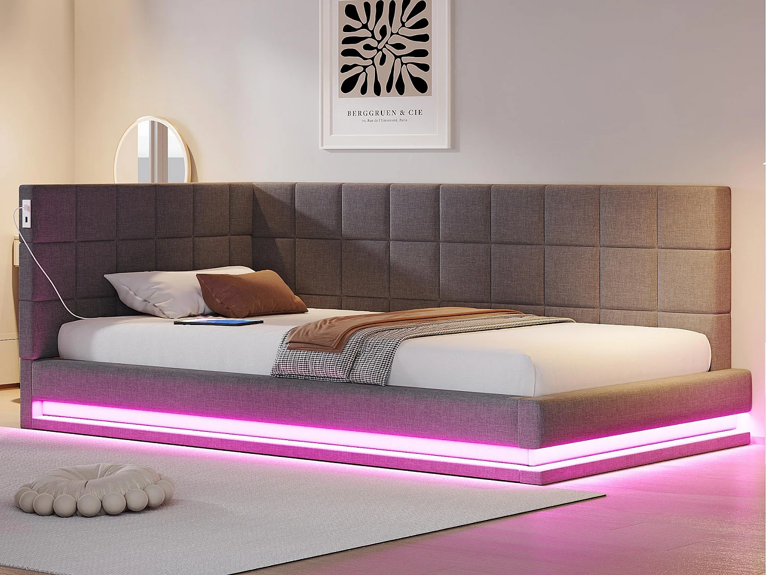 Kanapa rozkładana tapicerowana 90x200 cm - z taśmą LED - z portem USB - materiał welurowy - szara