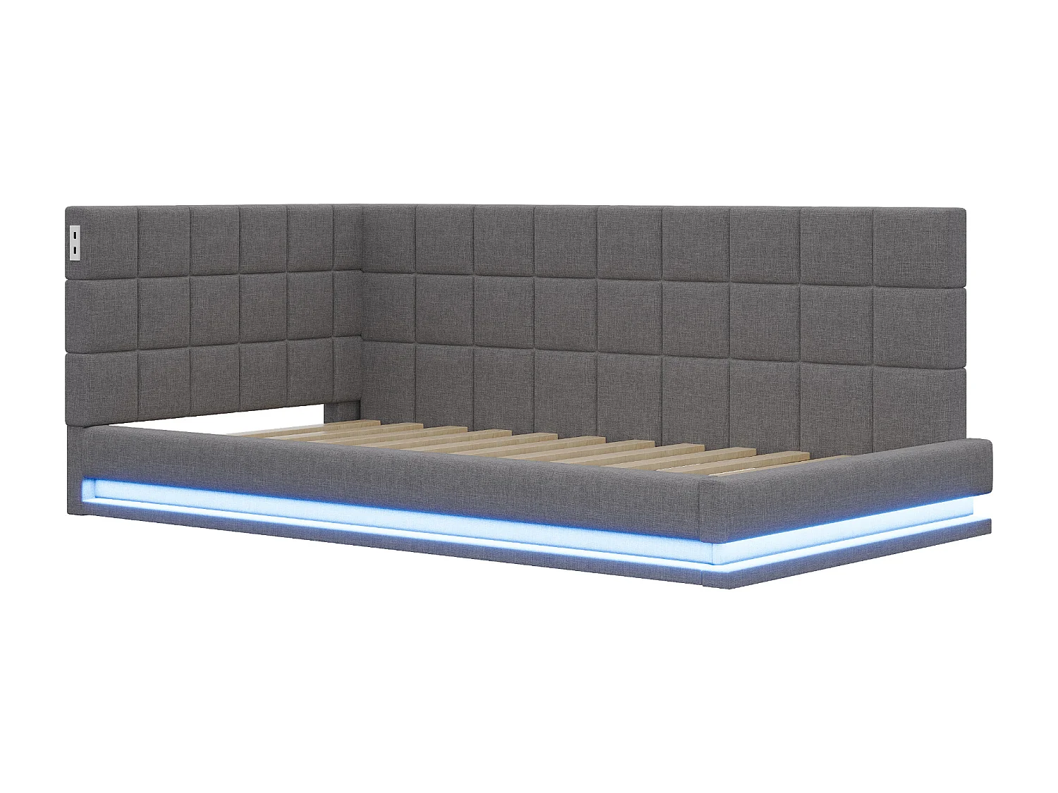 Kanapa rozkładana tapicerowana 90x200 cm - z taśmą LED - z portem USB - materiał welurowy - szara