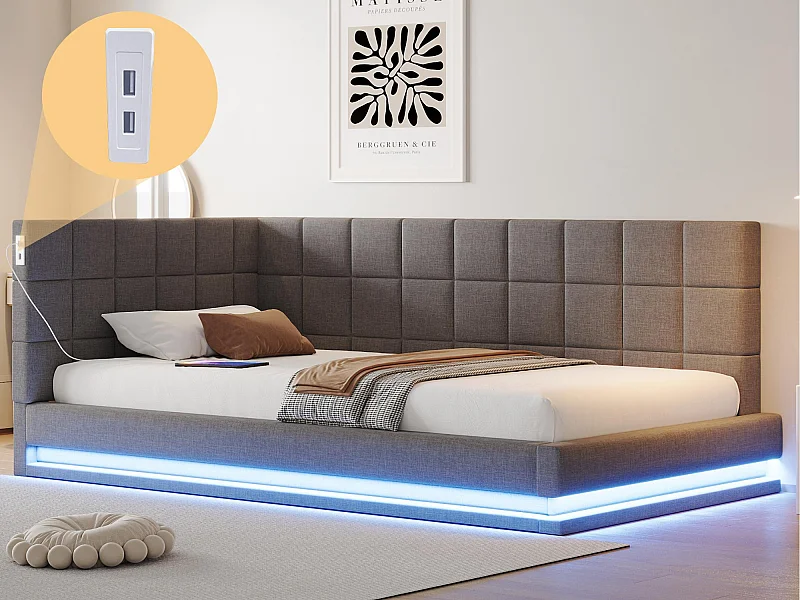 Schlafsofa gepolstert 90x200 cm - mit LED-Leiste - mit USB-Anschluss - Veloursstoff - grau