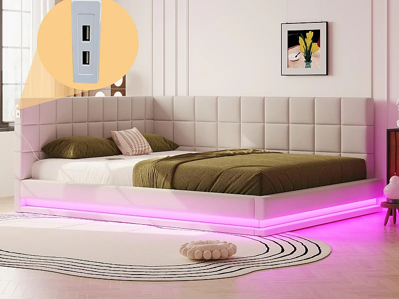 Kanapa rozkładana tapicerowana 160x200 cm - z taśmą LED - z portem USB - materiał welurowy - beżowa