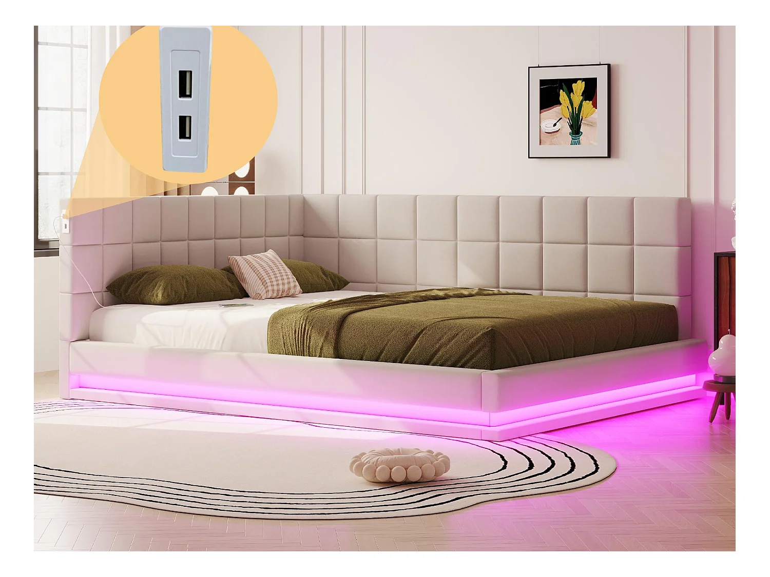 Canapé-lit rembourré 160x200cm - avec bande lumineuse LED - avec prise USB - tissu velours - beige
