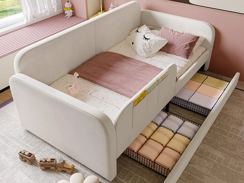 Canapé-lit enfants 90x200cm en velours - avec 2 tiroirs - 3 petites poches de rangement - Blanc(sans matelas)