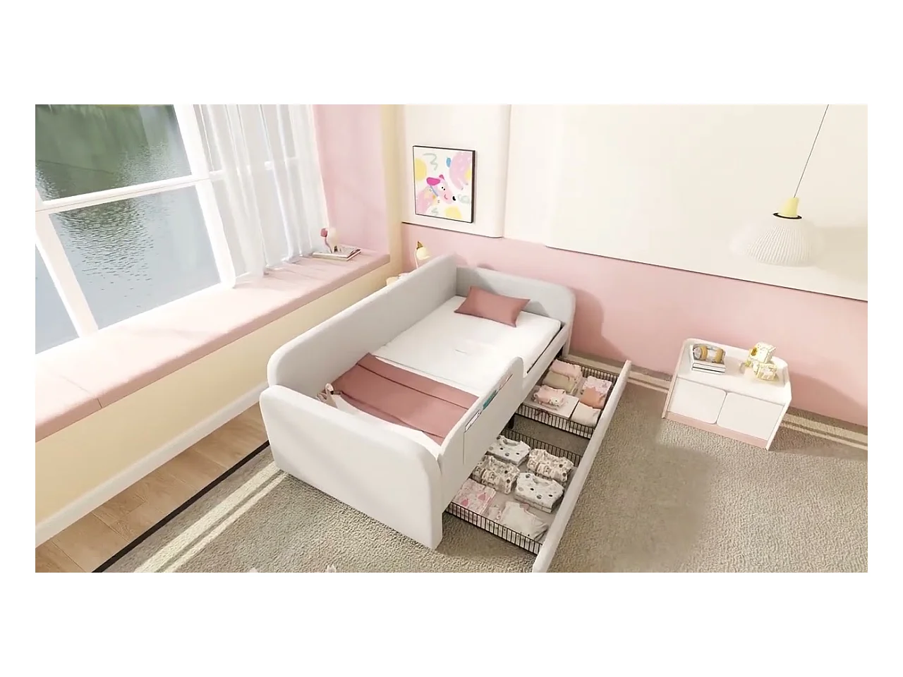 Canapé-lit enfants 90x200cm en velours - avec 2 tiroirs - 3 petites poches de rangement - Blanc(sans matelas)