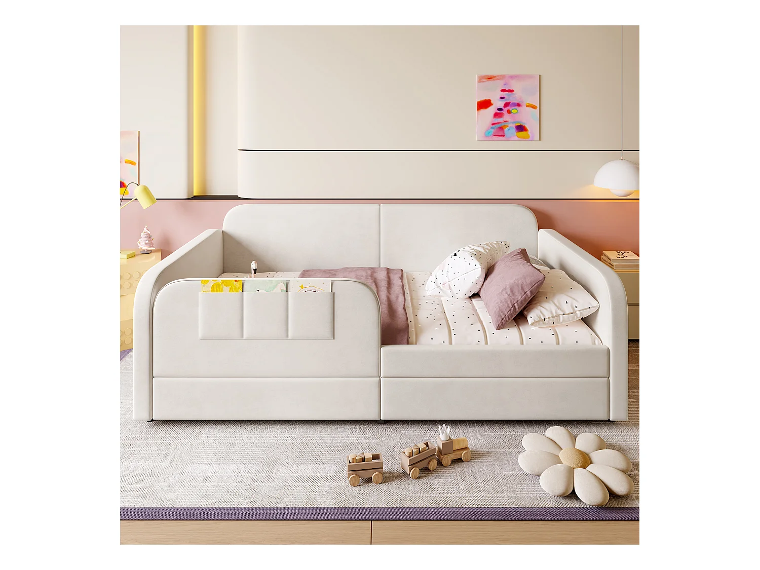 Canapé-lit enfants 90x200cm en velours - avec 2 tiroirs - 3 petites poches de rangement - Blanc(sans matelas)