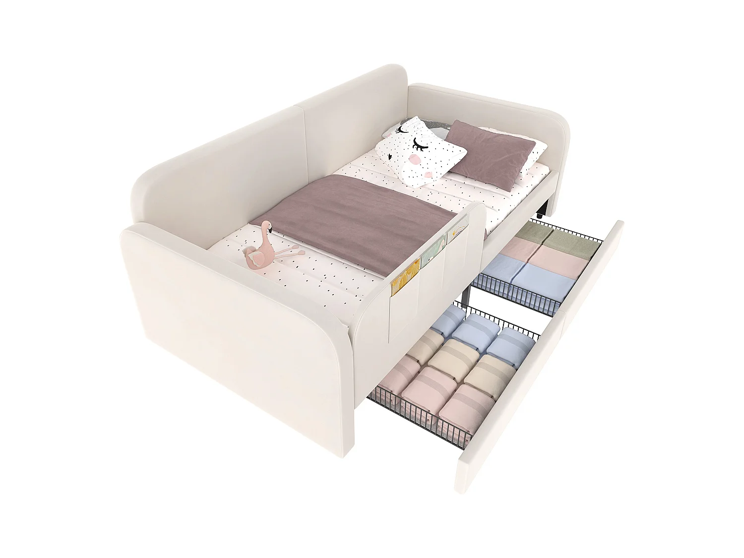 Canapé-lit enfants 90x200cm en velours - avec 2 tiroirs - 3 petites poches de rangement - Blanc(sans matelas)