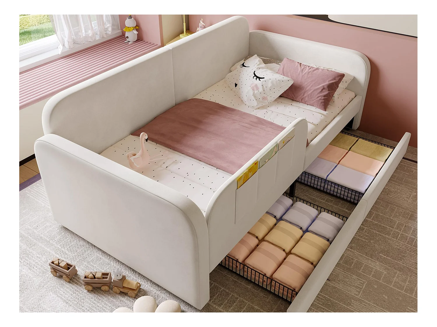 Sofá-cama infantil 90x200 cm em veludo - com 2 gavetas - 3 pequenos bolsos de armazenamento - Branco (sem colchão)