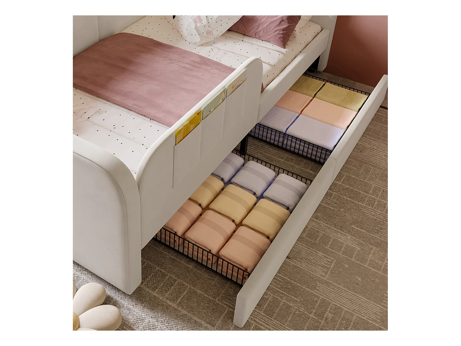 Canapé-lit enfants 90x200cm en velours - avec 2 tiroirs - 3 petites poches de rangement - Blanc(sans matelas)