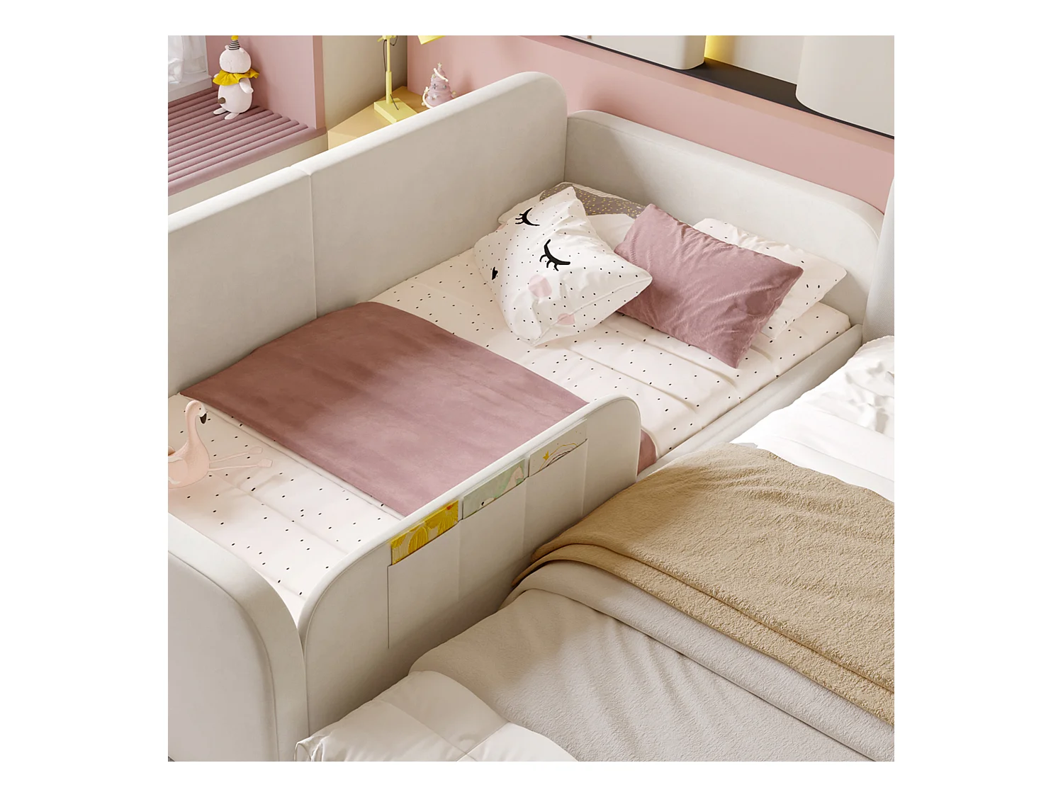 Canapé-lit enfants 90x200cm en velours - avec 2 tiroirs - 3 petites poches de rangement - Blanc(sans matelas)