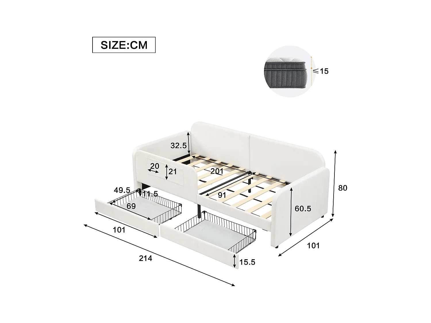 Canapé-lit enfants 90x200cm en velours - avec 2 tiroirs - 3 petites poches de rangement - Blanc(sans matelas)