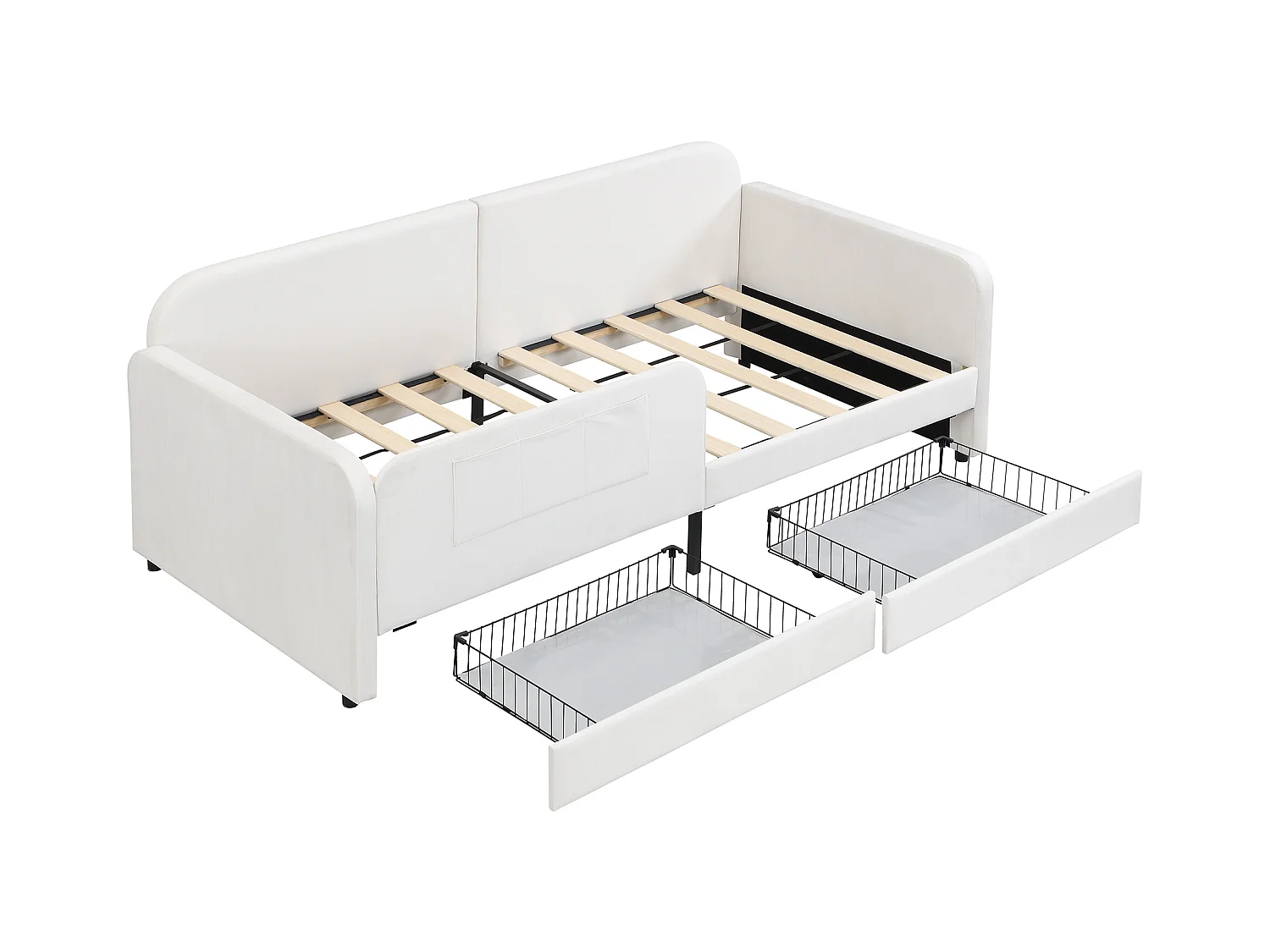 Canapé-lit enfants 90x200cm en velours - avec 2 tiroirs - 3 petites poches de rangement - Blanc(sans matelas)