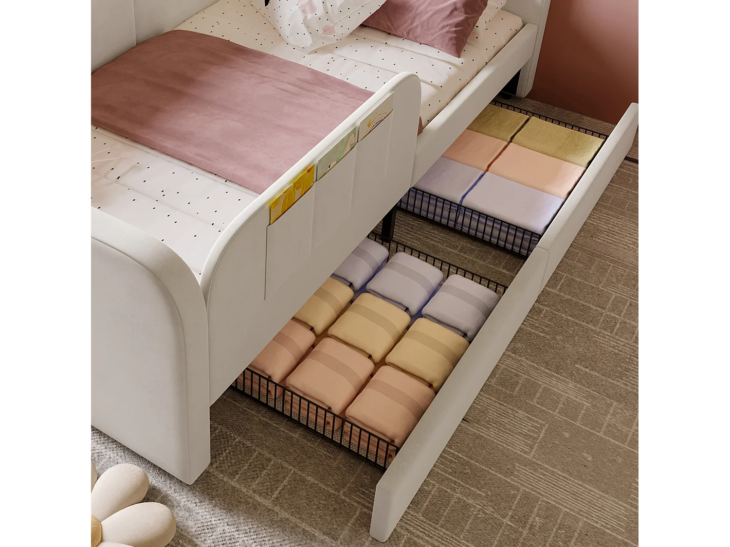 Canapé-lit enfants 90x200cm en velours - avec 2 tiroirs - 3 petites poches de rangement - Blanc(sans matelas)