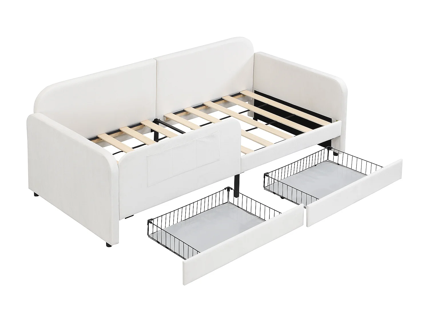 Canapé-lit enfants 90x200cm en velours - avec 2 tiroirs - 3 petites poches de rangement - Blanc(sans matelas)