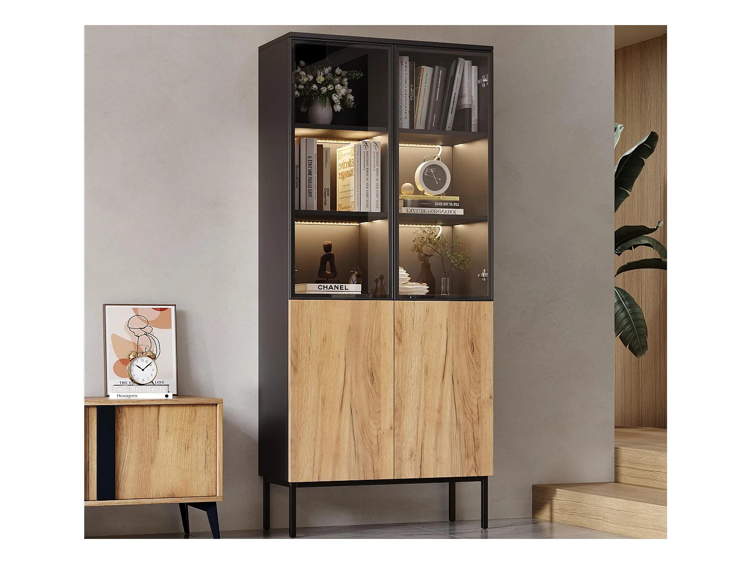 Vitrine - avec éclairage LED - avec 2 portes vitrées - Noir + Naturel