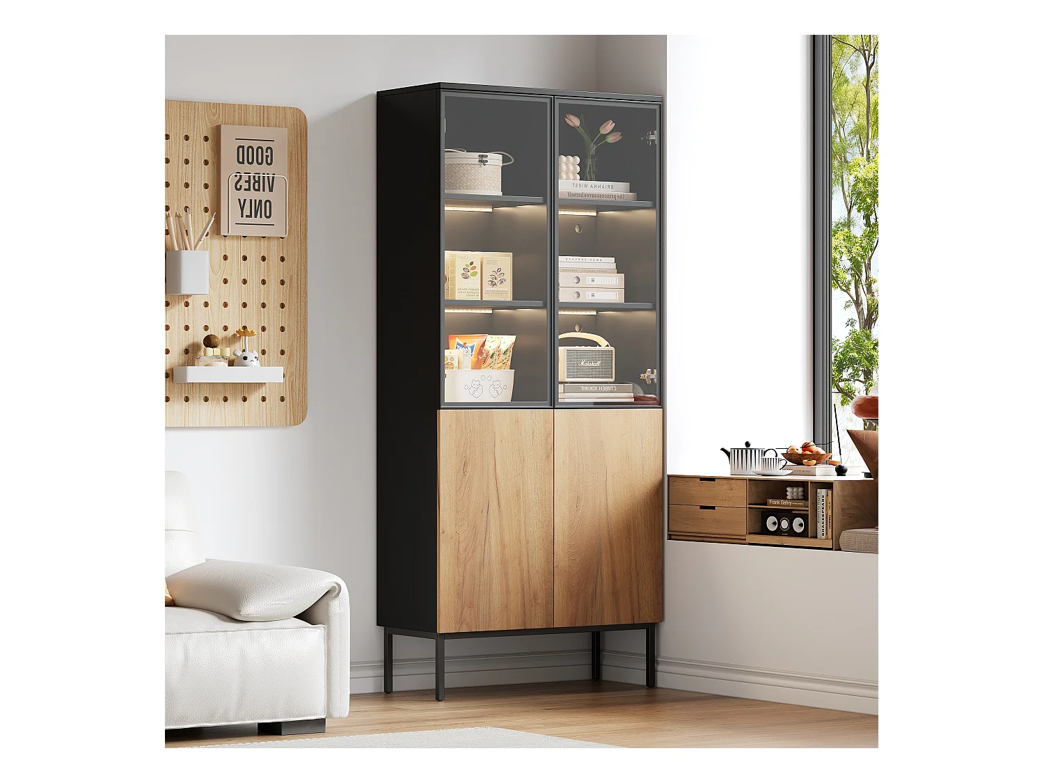 Vitrine - avec éclairage LED - avec 2 portes vitrées - Noir + Naturel