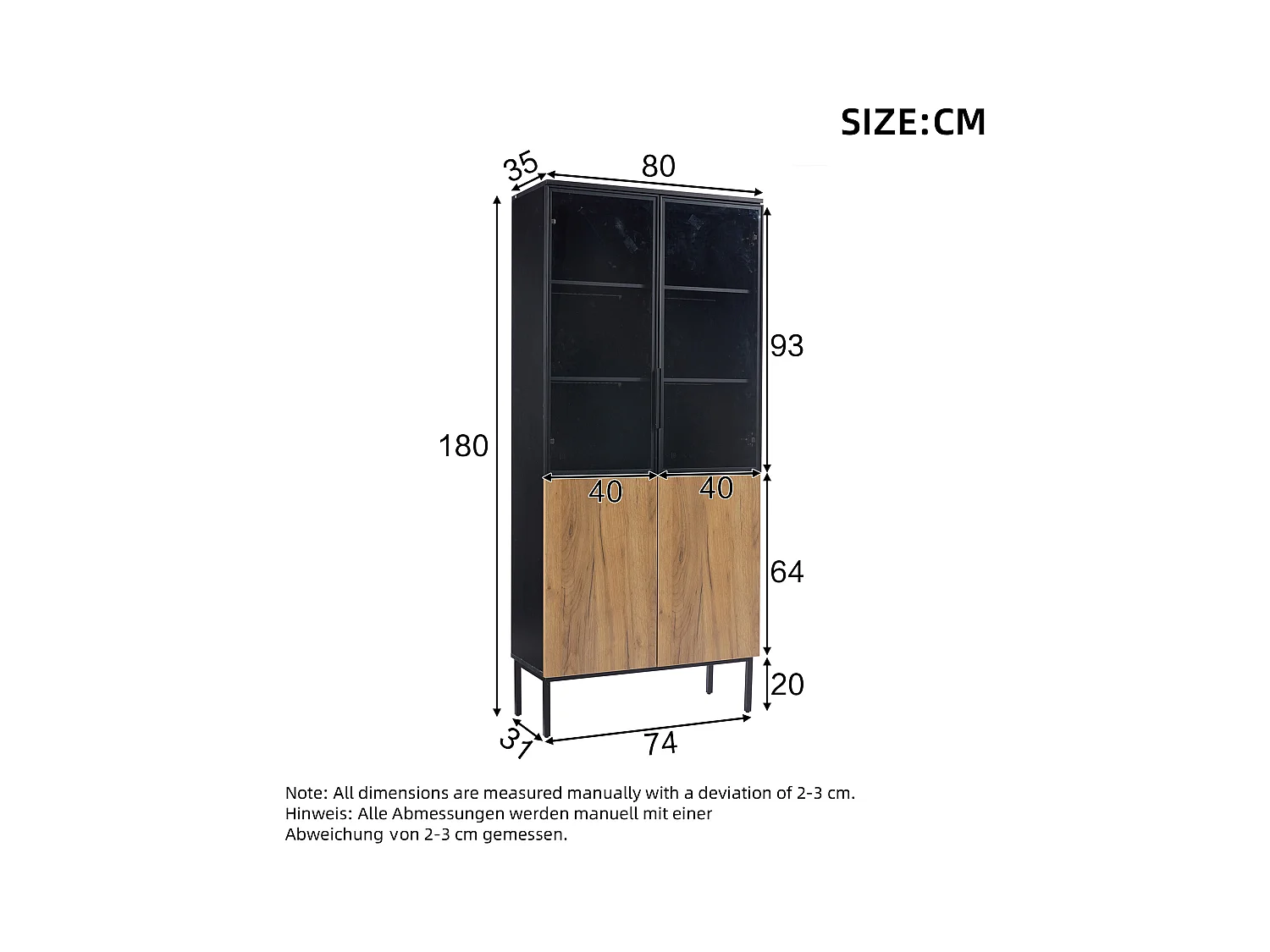 Vitrine - avec éclairage LED - avec 2 portes vitrées - Noir + Naturel