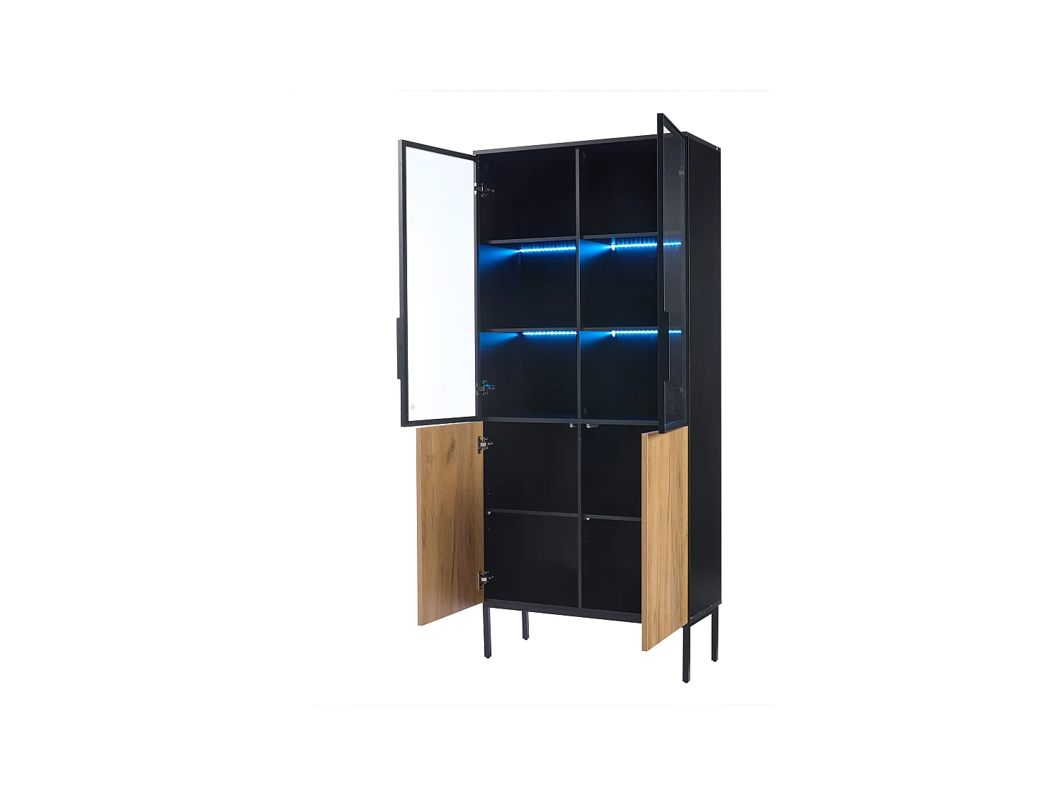 Vitrine - avec éclairage LED - avec 2 portes vitrées - Noir + Naturel