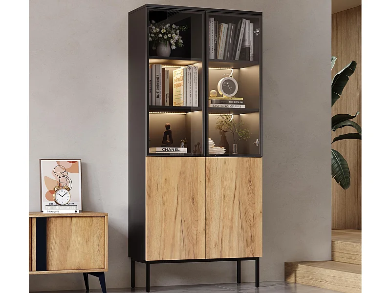 Vitrine - avec éclairage LED - avec 2 portes vitrées - Noir + Naturel