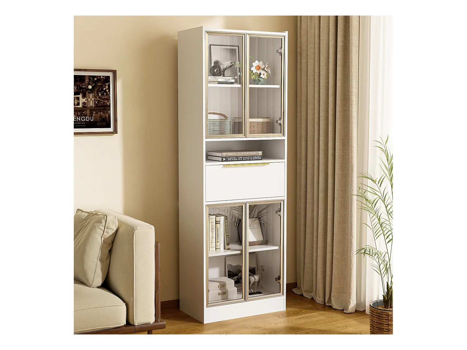 Armoire haute moderne 60x35x180cm - avec LED 16 couleurs + Bluetooth - avec 1 tiroir - avec 4 portes - blanc