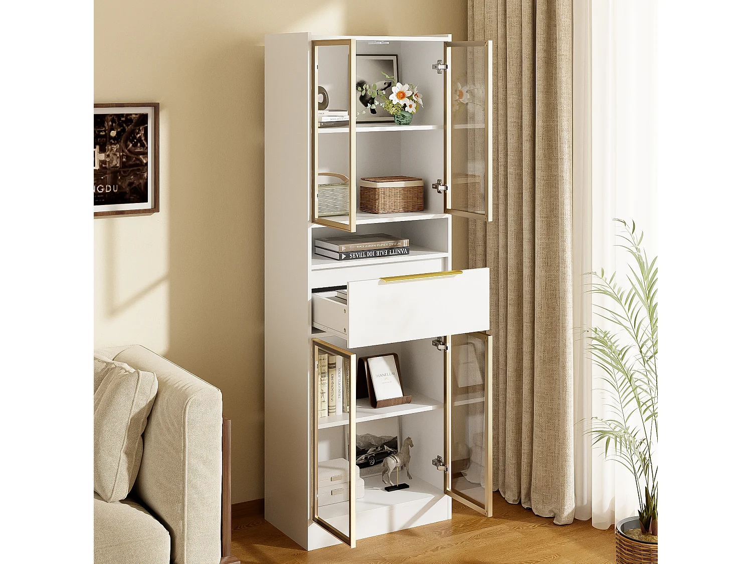Armoire haute moderne 60x35x180cm - avec LED 16 couleurs + Bluetooth - avec 1 tiroir - avec 4 portes - blanc