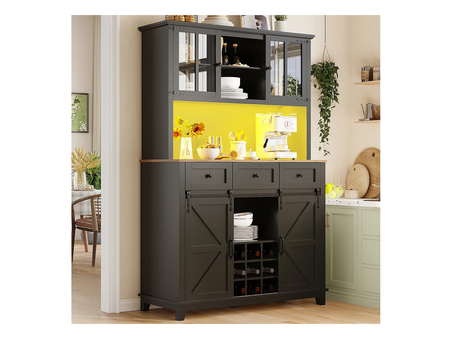 Buffet de cuisine - avec LED - avec porte coulissante et 3 tiroirs - avec étagère réglable - Noir