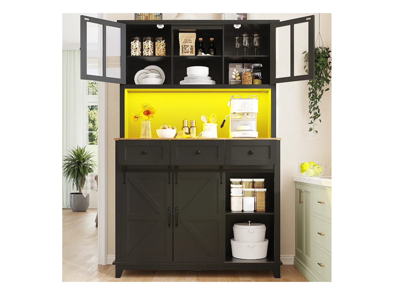 Buffet de cuisine - avec LED - avec porte coulissante et 3 tiroirs - avec étagère réglable - Noir