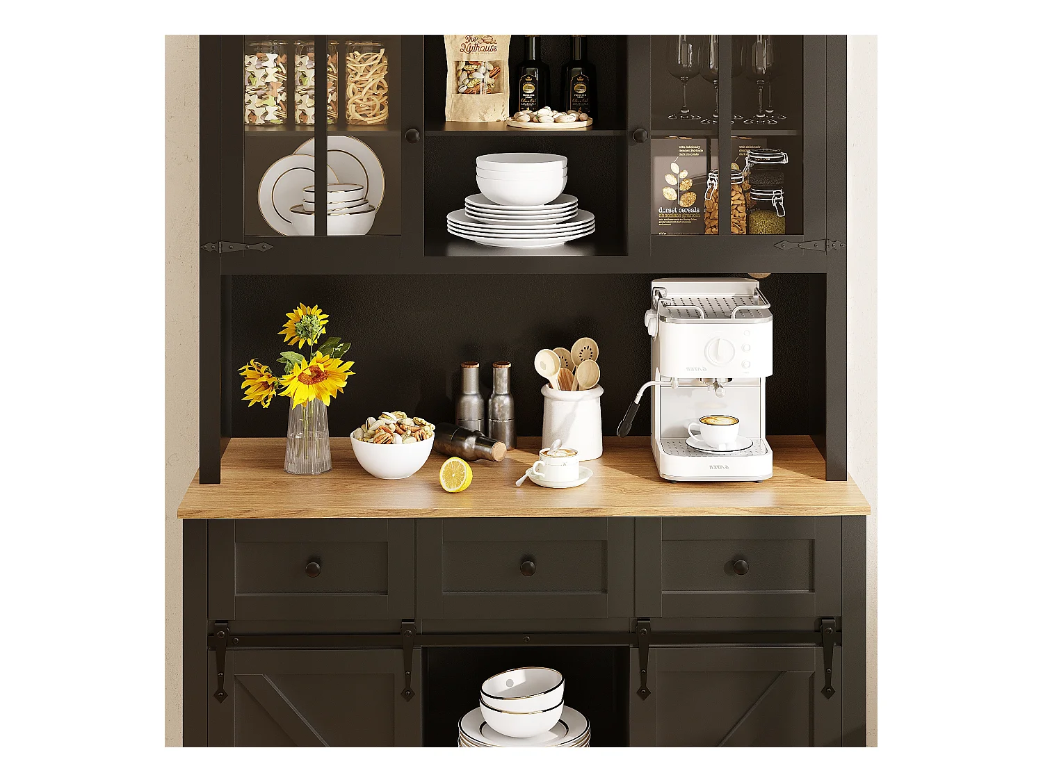 Buffet de cuisine - avec LED - avec porte coulissante et 3 tiroirs - avec étagère réglable - Noir