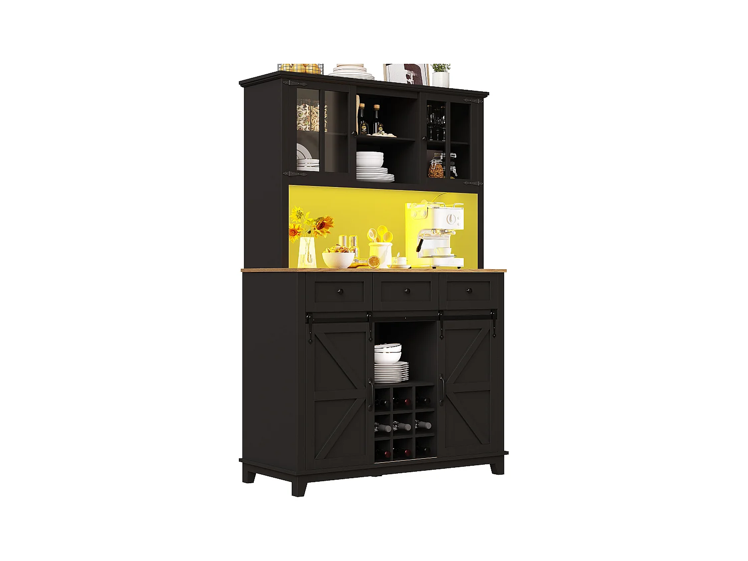 Buffet de cuisine - avec LED - avec porte coulissante et 3 tiroirs - avec étagère réglable - Noir