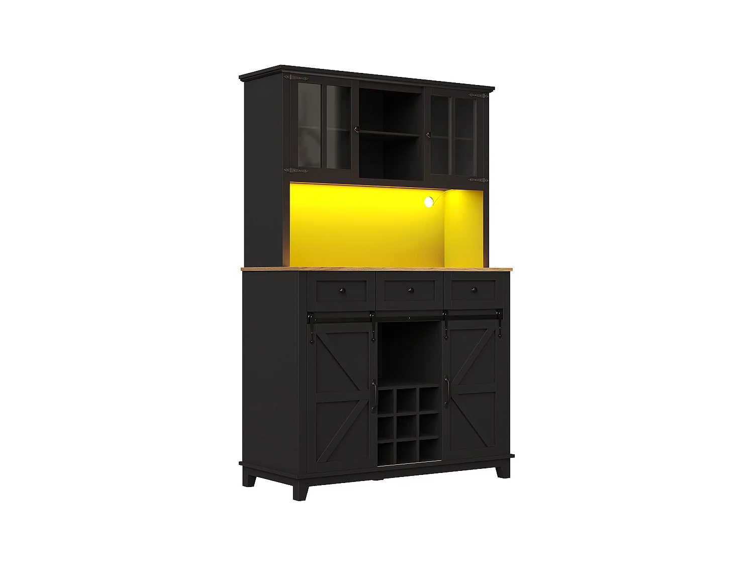 Buffet de cuisine - avec LED - avec porte coulissante et 3 tiroirs - avec étagère réglable - Noir