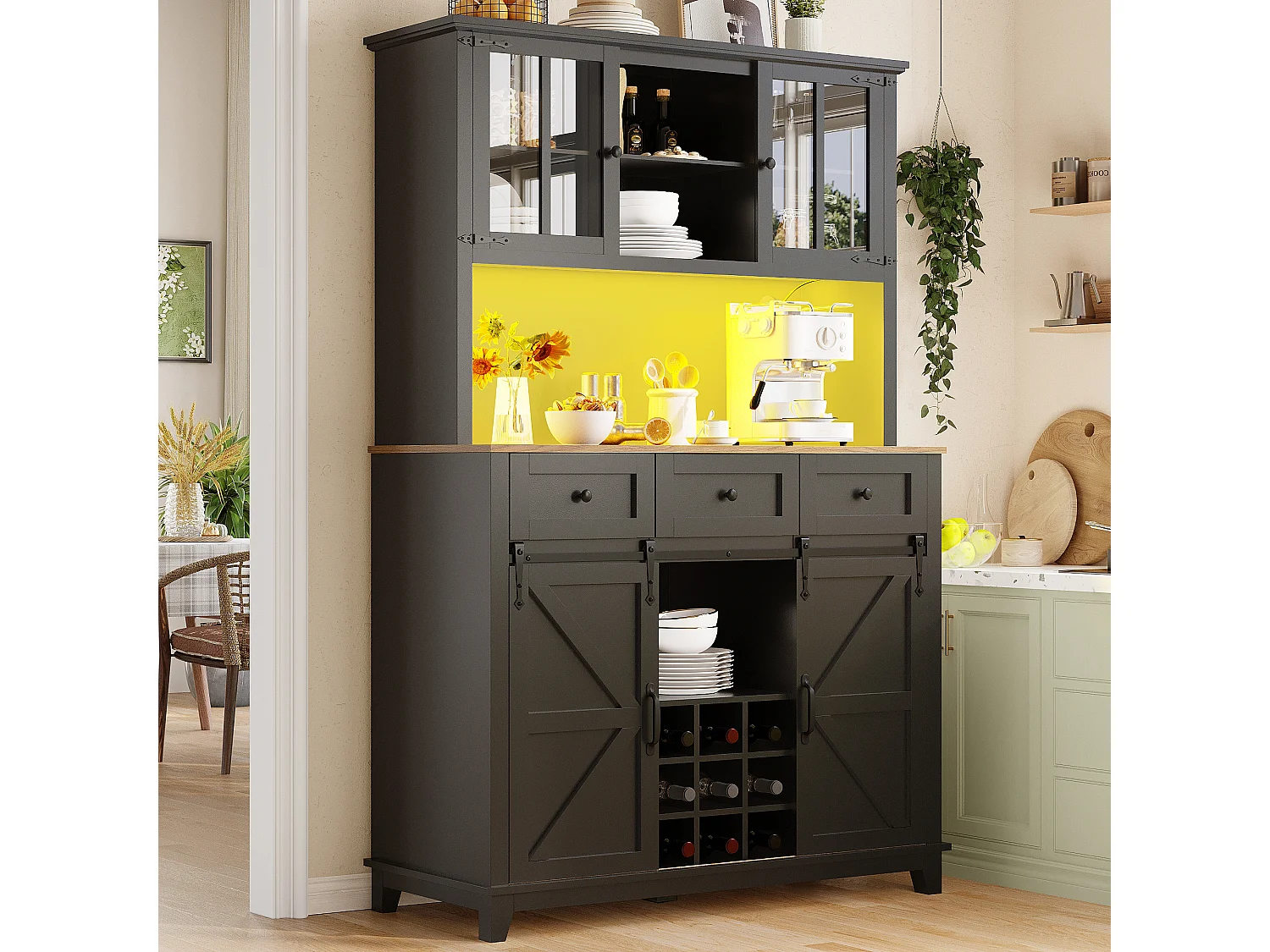 Credenza da cucina - con LED - con anta scorrevole e 3 cassetti - con ripiano regolabile - nero