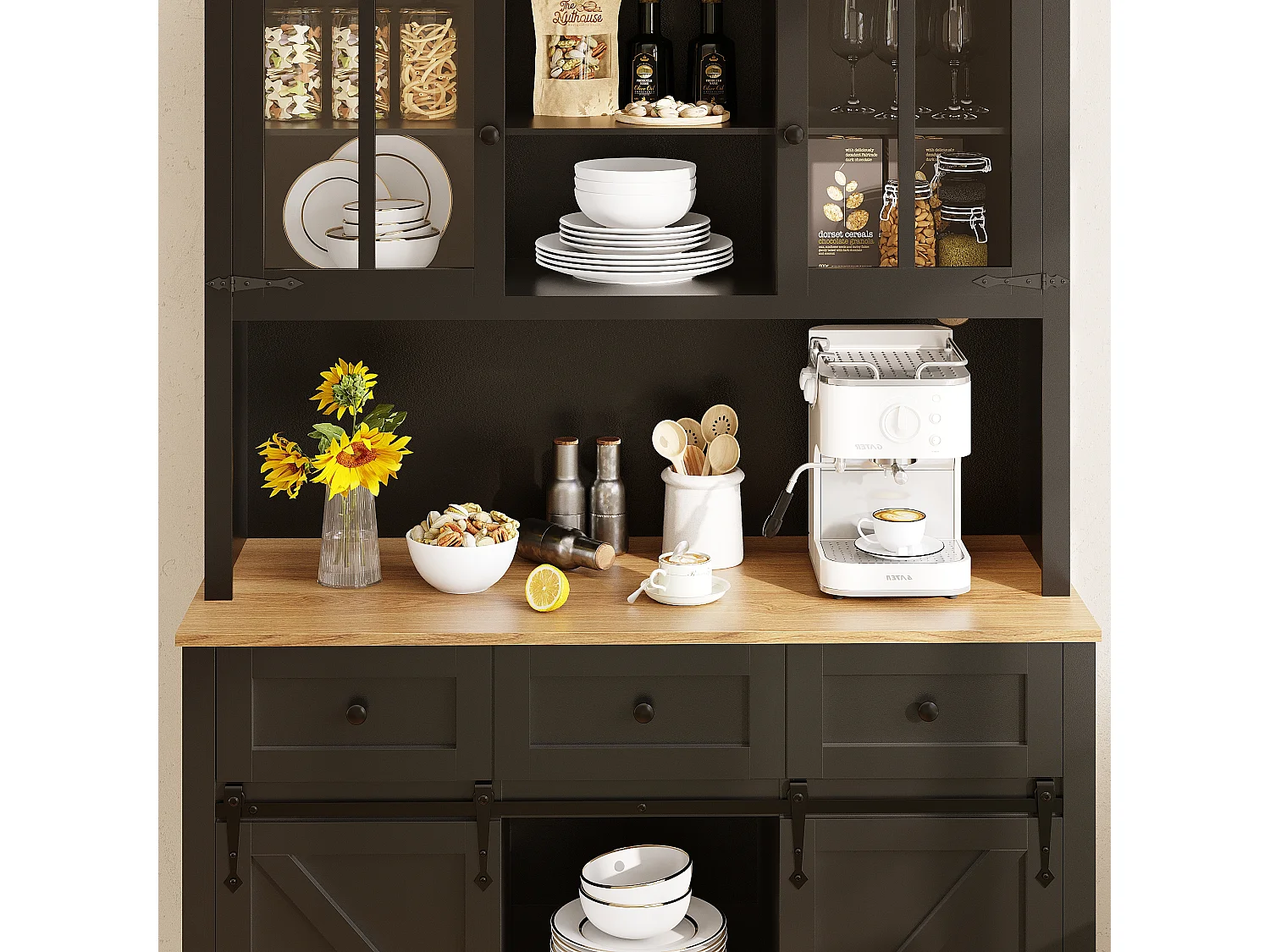 Credenza da cucina - con LED - con anta scorrevole e 3 cassetti - con ripiano regolabile - nero