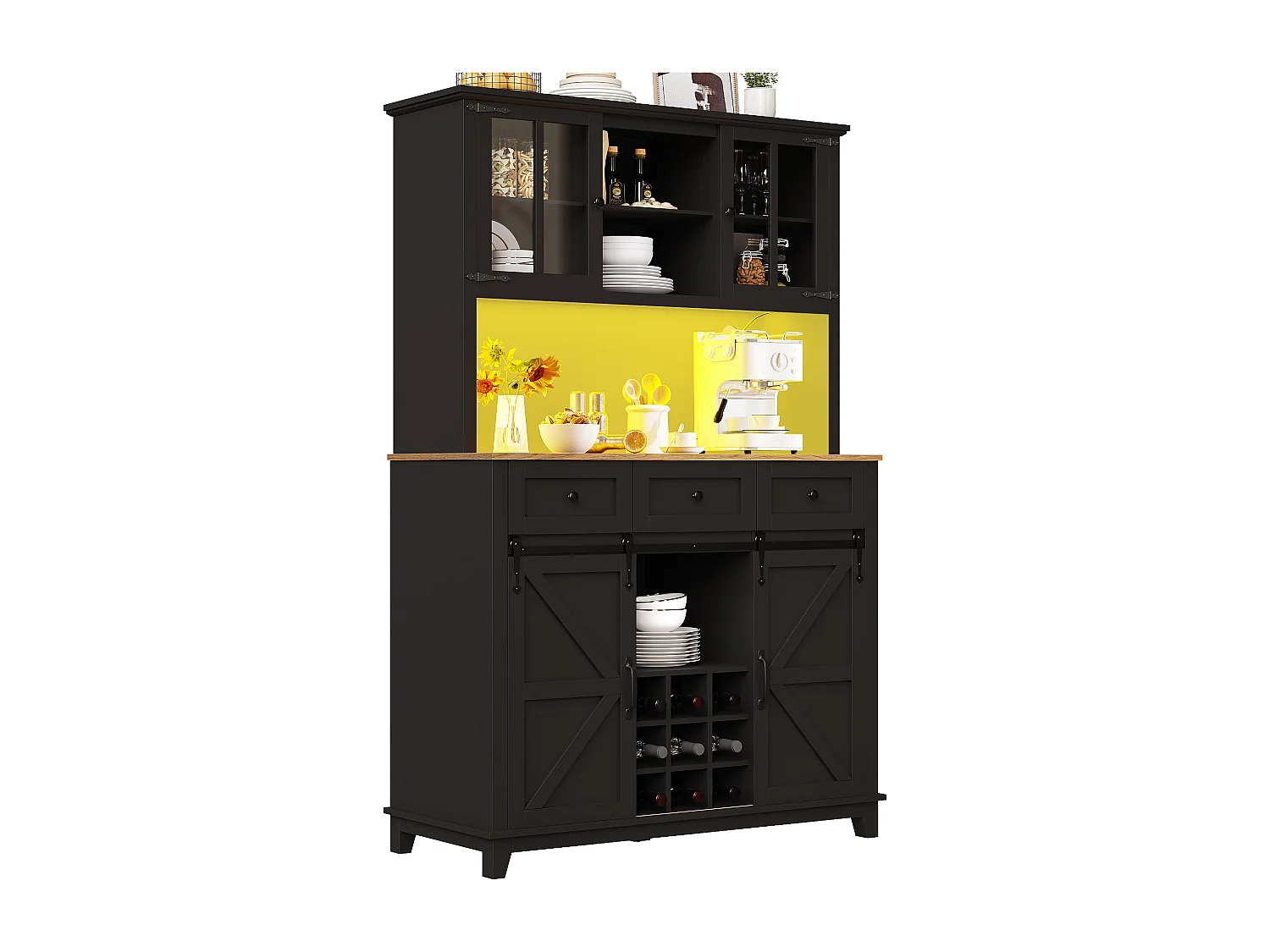 Credenza da cucina - con LED - con anta scorrevole e 3 cassetti - con ripiano regolabile - nero