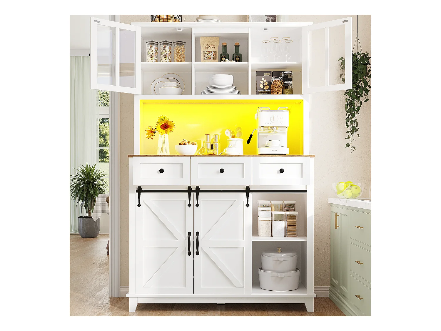 Keukenbuffet - met LED - met schuifdeur en 3 lades - met verstelbaar schap - wit