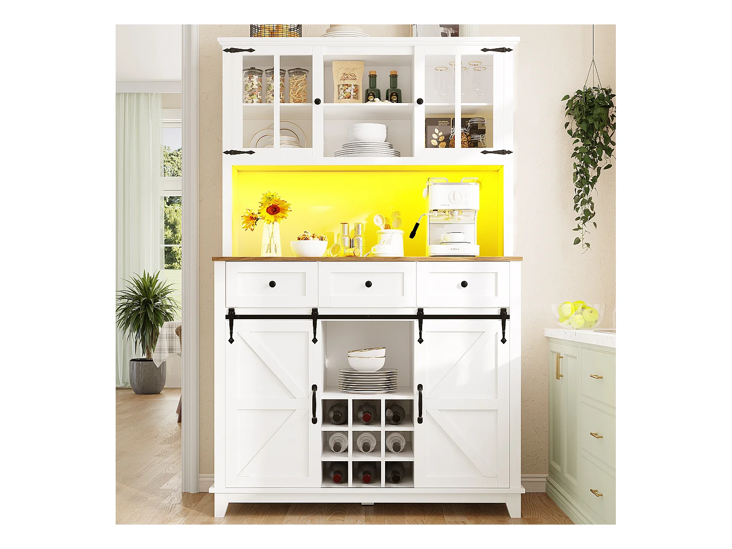 Keukenbuffet - met LED - met schuifdeur en 3 lades - met verstelbaar schap - wit