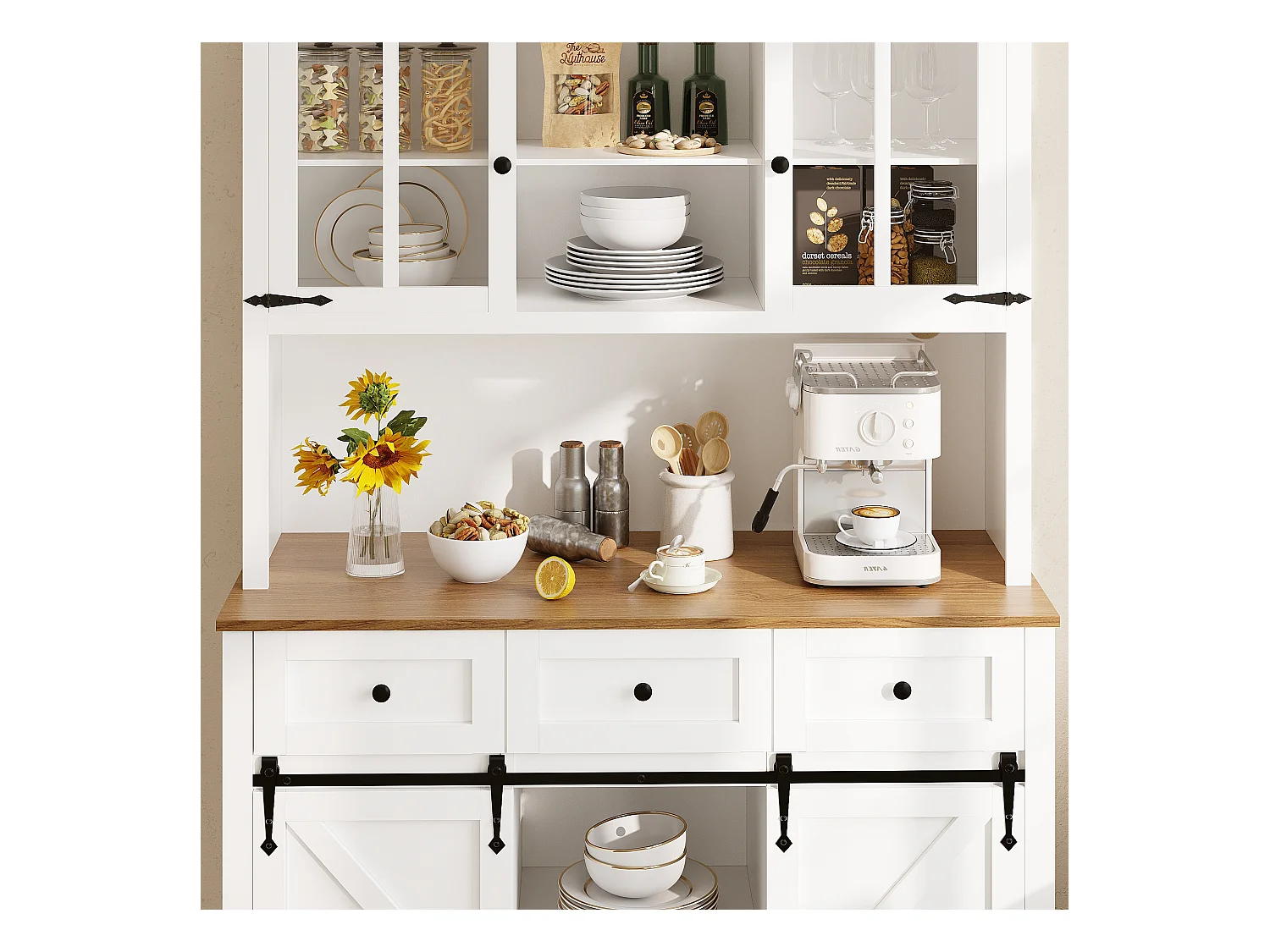 Keukenbuffet - met LED - met schuifdeur en 3 lades - met verstelbaar schap - wit