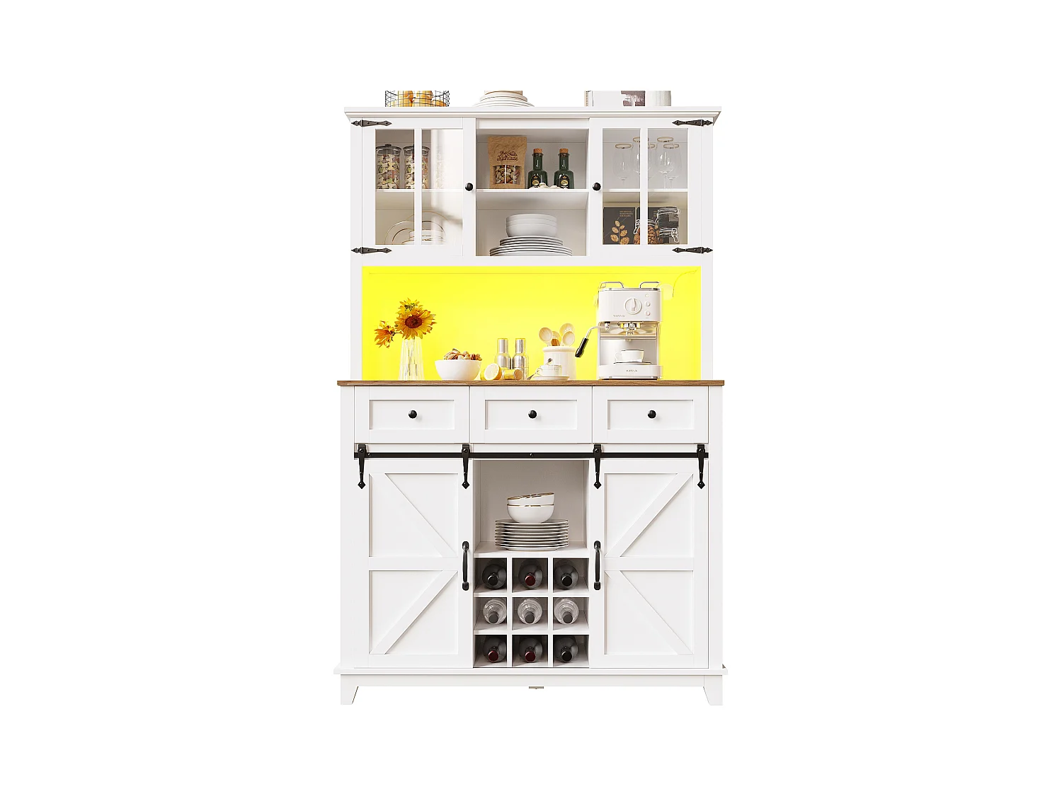 Keukenbuffet - met LED - met schuifdeur en 3 lades - met verstelbaar schap - wit