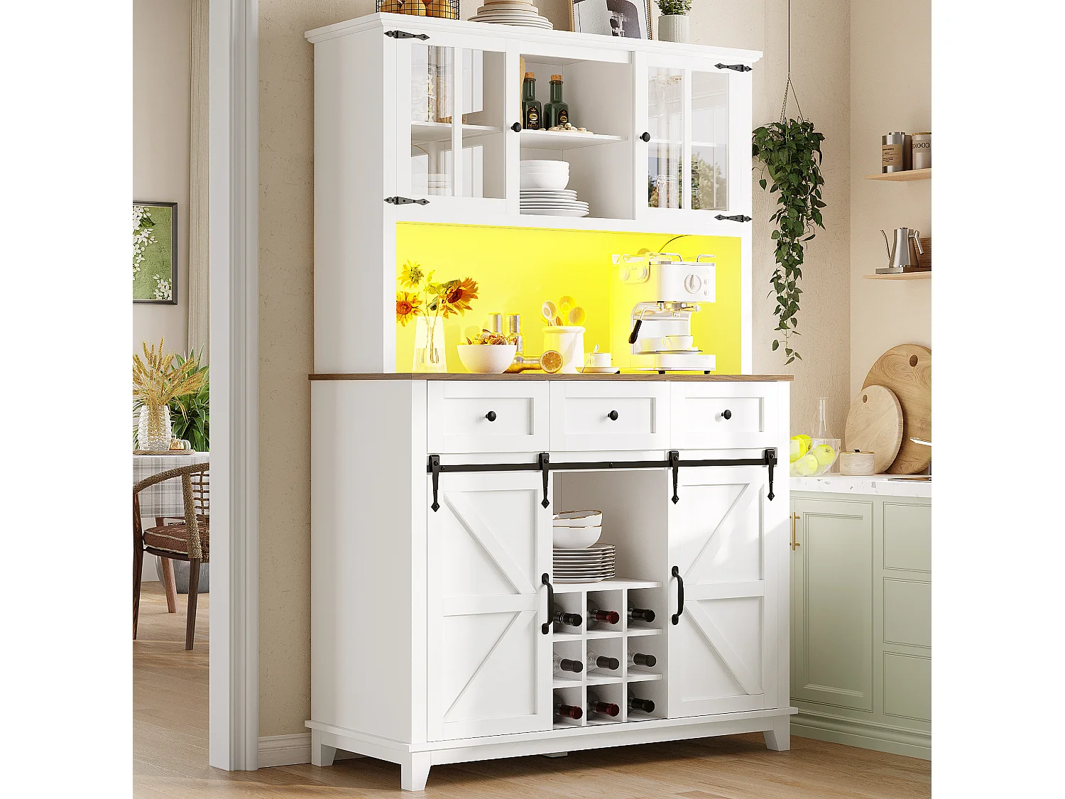 Credenza da cucina - con LED - con anta scorrevole e 3 cassetti - con ripiano regolabile - bianco