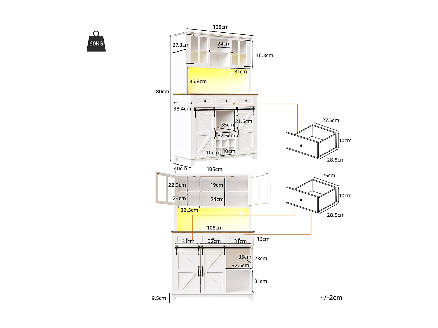 Credenza da cucina - con LED - con anta scorrevole e 3 cassetti - con ripiano regolabile - bianco