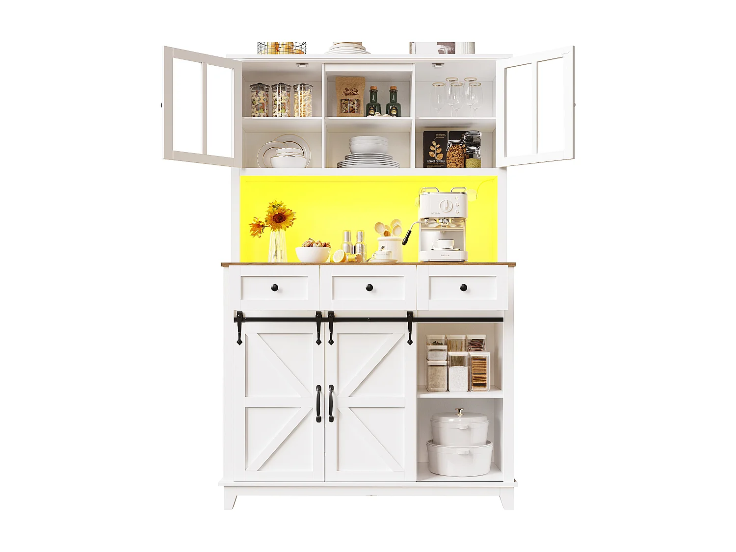 Credenza da cucina - con LED - con anta scorrevole e 3 cassetti - con ripiano regolabile - bianco
